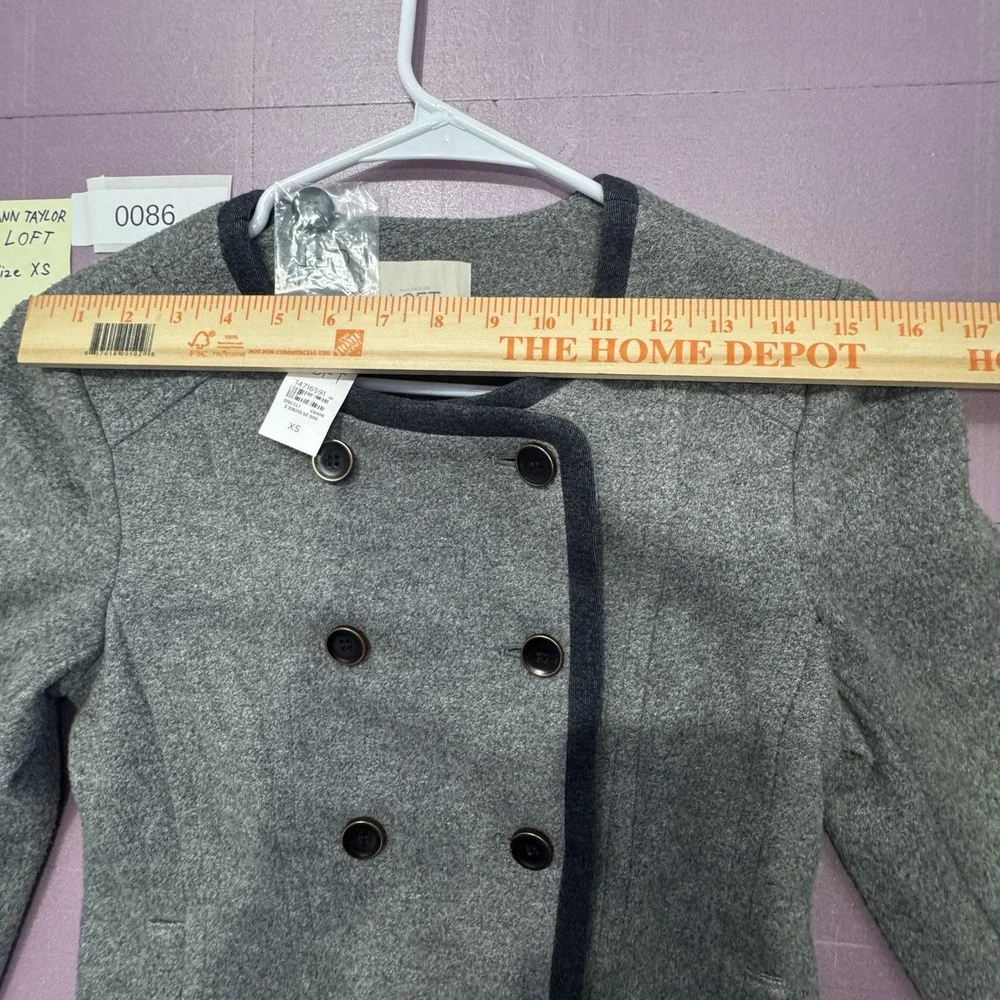 LOFT Double Breasted Jacket Womens XS Gray NEW Wool Blend Contrast Trim Military